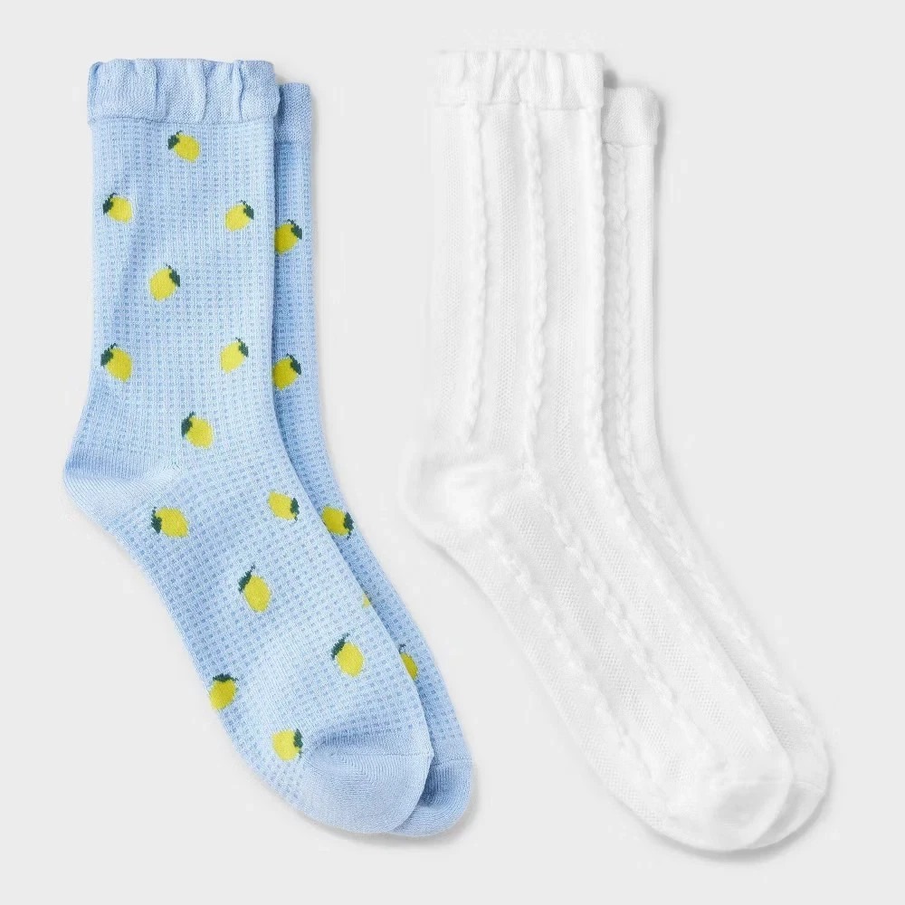 Women's Lemons 2pk‎ Crew Socks with Ruffle Cuff - Auden Blue/White 4-10